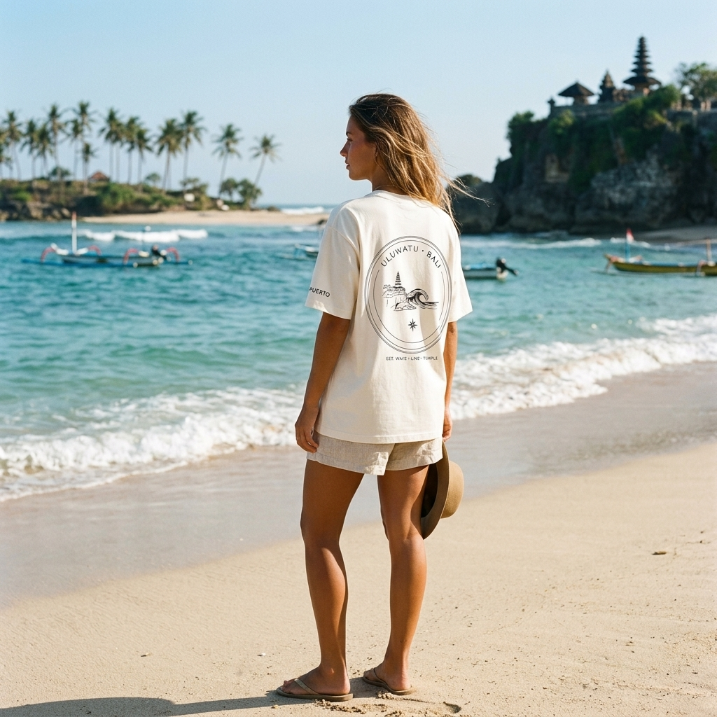 Uluwatu Bali tee on the beach