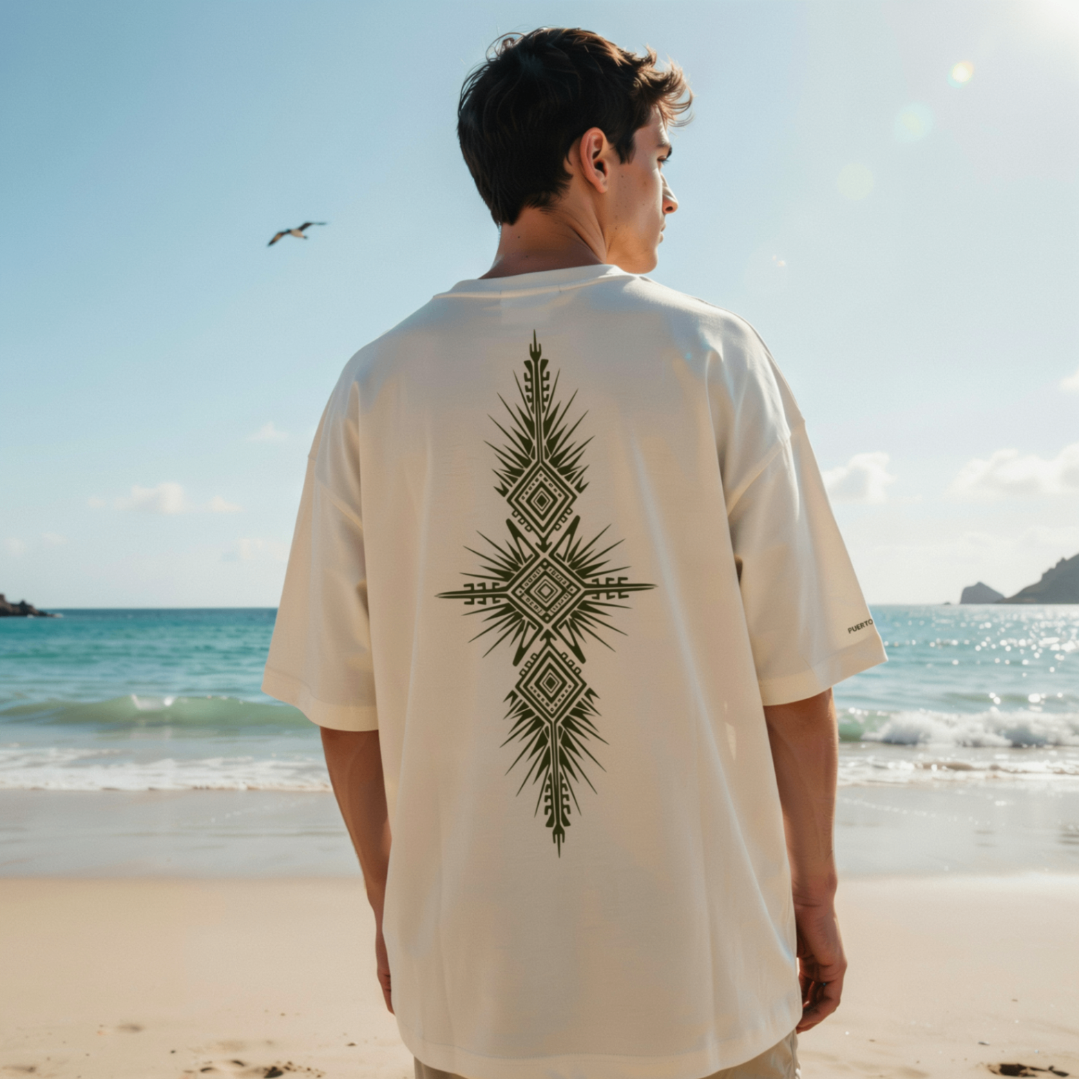 Tribal white tee with geometric totem