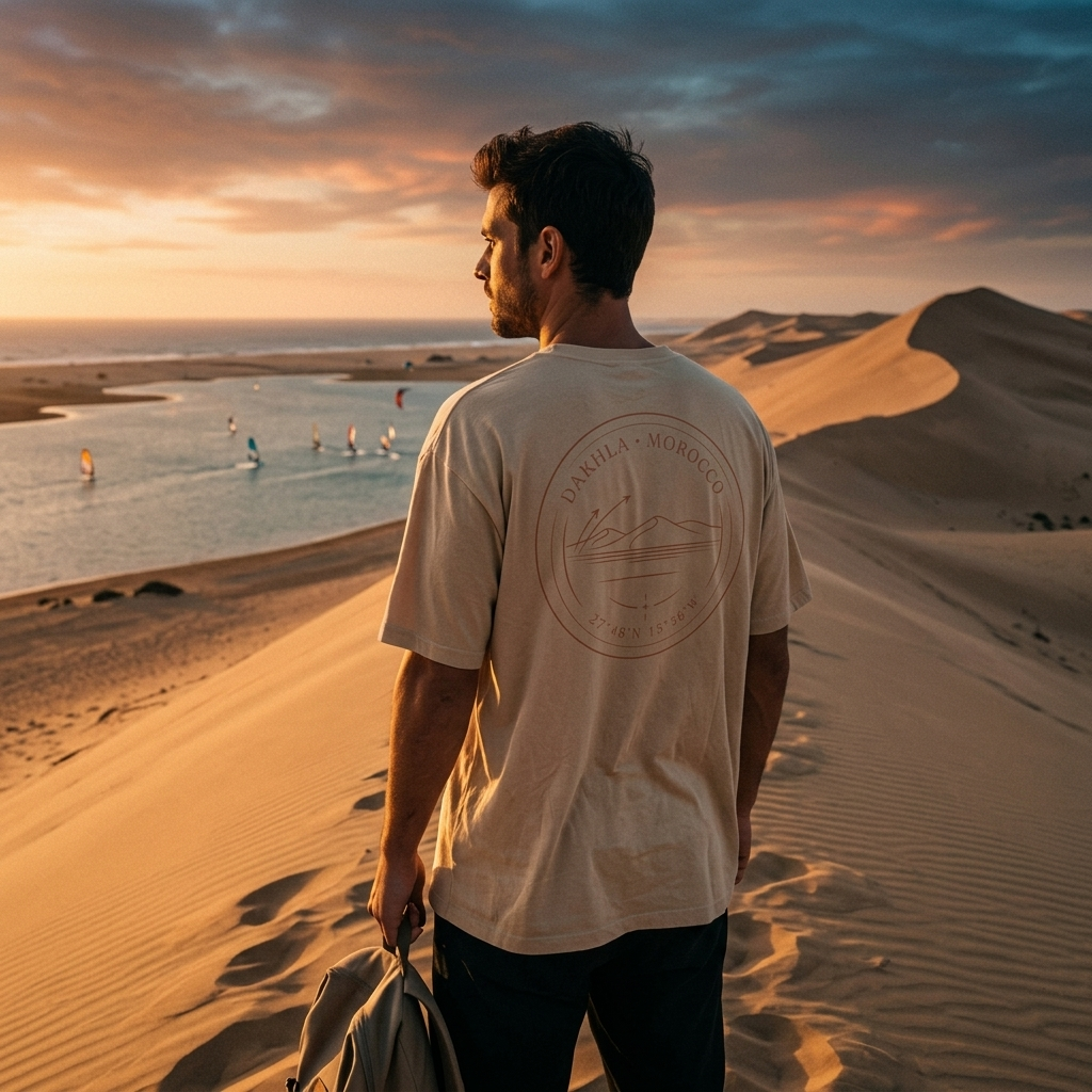 Dakhla Morocco tee — dunes at sunset