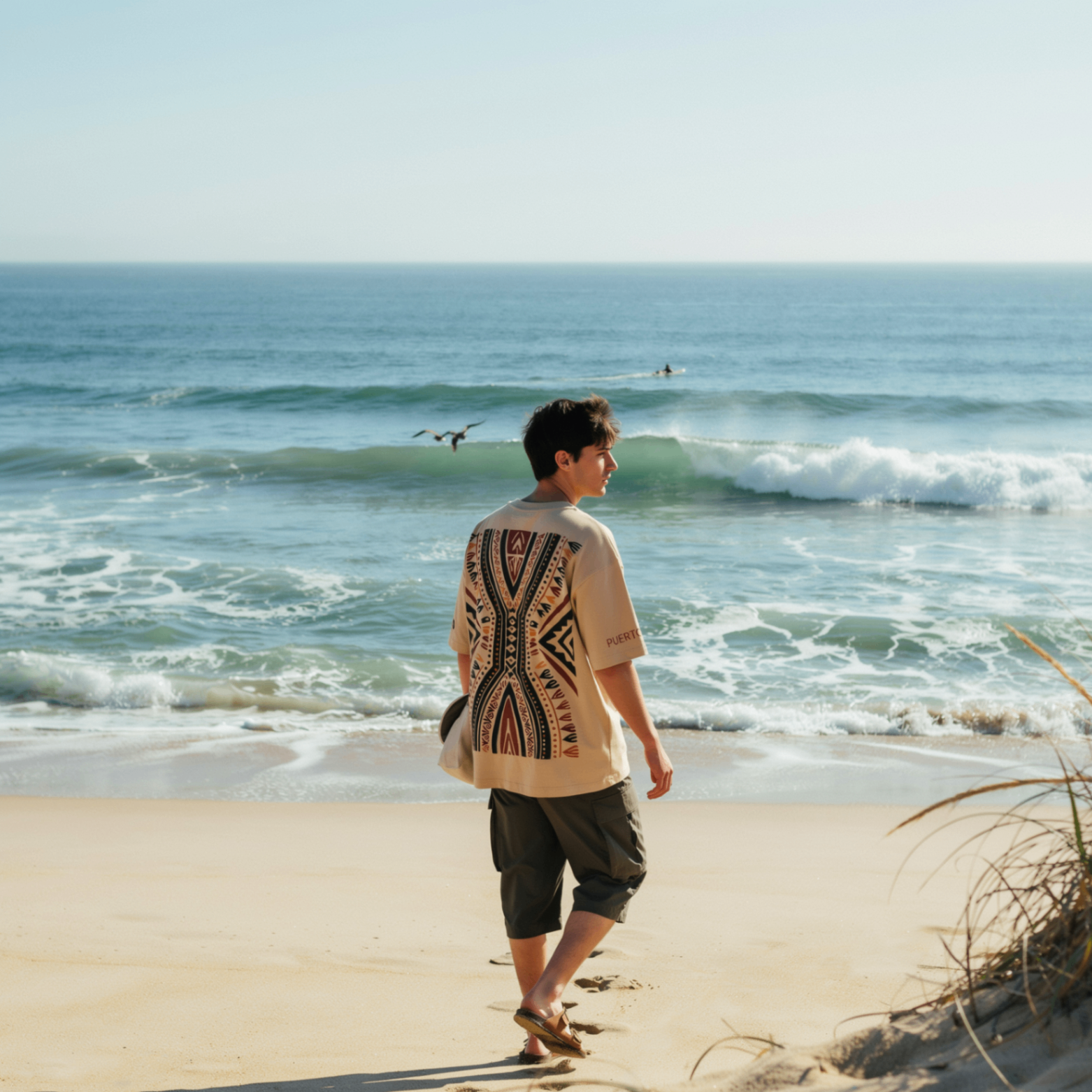 Tribal multicolor motif walking on beach